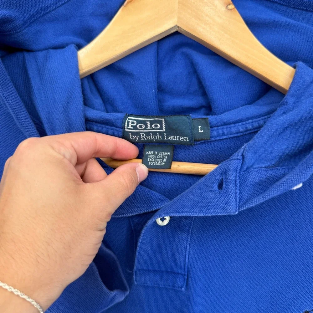 Polo Ralph Lauren Hooded Polo Shirt Blue Long Sleeve Pique Large